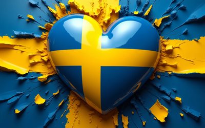 amo suecia, 4k, bokeh, fondo colorido 3d, dia de suecia, bandera de suecia, corazón con bandera sueca, obra de arte, corazones 3d, bandera sueca, suecia, amor por suecia