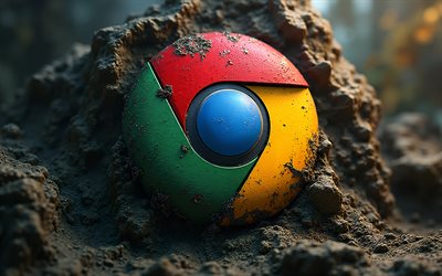 google chrome logo, erdhintergrund, 3d google chrome emblem, google chrome, grunge kunst, google chrome metalllogo, google