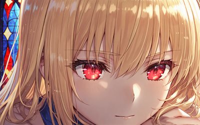 sable, 4k, de cerca, serie del destino, vidrieras, ojos rojos, gran orden del destino, destino extra, tipo luna, gran orden del destino del sable