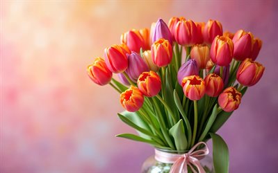 زهور التوليب الملونة, 4k, تقليلية, مزهرية زجاجية, خلفية وردية, زهور الربيع, باقة من زهور التوليب, زهور جميلة, القوس الوردي, ربيع, الخلفية مع زهور التوليب, زهور ملونة, زهور التوليب