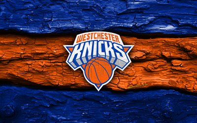 Westchester Knicks wooden logo, 4k, blue orange wooden background, NBA G League, basketball, Westchester Knicks logo, Westchester Knicks emblem, american basketball team, Westchester Knicks