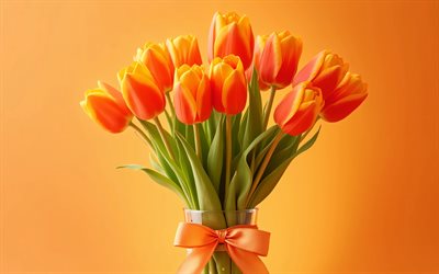 Orange tulips, 4K, orange background, bouquet of orange tulips, spring bouquet, orange silk ribbon, tulips