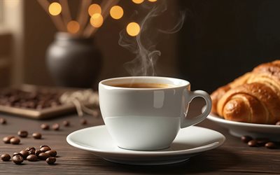 4k, white cup with coffee, bokeh, coffee beans, aromatic coffee, croissants, breakfast concepts, wooden table, close-up, white cup, steam from coffee, cups, breakfast, cup with coffee