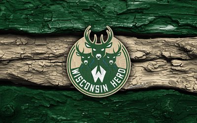 logotipo de madera de wisconsin herd, 4k, fondo de madera beige verde, liga nba g, baloncesto, logotipo de la manada de wisconsin, emblema de la manada de wisconsin, equipo de baloncesto americano, manada de wisconsin