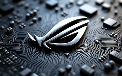 asus rog stahllogo, 4k, graues motherboard, asus rog logo, asus rog stahlemblem, asus rog zeichen, grauer technologiehintergrund, rog, asus rog metall 3d logo, asus rog, republik der spieler