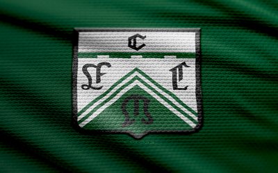 Ferro Carril Oeste fabric logo, 4k, green fabric background, Primera Nacional, bokeh, soccer, Ferro Carril Oeste logo, football, Ferro Carril Oeste emblem, Ferro Carril Oeste, Argentine football club, Ferro Carril Oeste FC