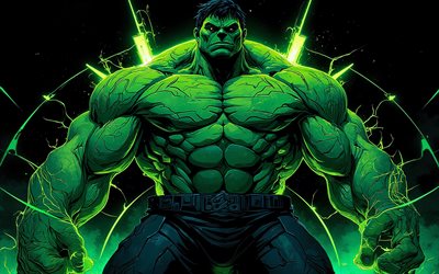 Hulk, 4k, grunge art, green neon rays, superheroes, Marvel Comics, night, Incredible Hulk, artwork, Hulk art, fan art, Hulk 4K