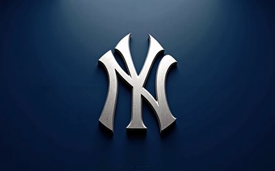 new york yankees logotyp i stål, blå metall bakgrund, new york yankees tecken, new york yankees emblem, ny yankees, baseball, mlb, usa, new york yankees logotyp, new york yankees