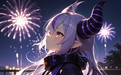 4k, laplus, de cerca, fuegos artificiales, youtuber virtual, noche, hololive, vtuber, ojos morados, la oscuridad, manga, canal laplus, youtuber virtual de laplus