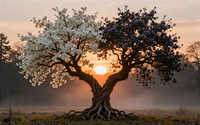 árvore com folhas brancas e pretas, conceitos de yin yang, noite, pôr do sol, árvore preto e branco, yin yang, paisagem de primavera, primavera
