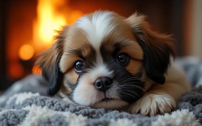 جرو شيه تزو, 4k, خوخه, مدفأة, حيوانات لطيفة, بطانية متقلب, الجراء, كلاب, كمامة, شيه تزو, حيوانات أليفة, كلب في بطانية, كلب شيه تزو