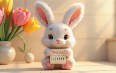 2026 March Calendar, 4k, 3d cute bunny, 3d tulips, March 2026 Calendar, bunny with calendar, little 3d bunny, March calendars, 2026 concepts, March Calendar 2026, bunny, bouquet of 3d tulips