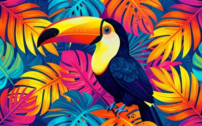 tucano abstrato, 4k, folhas de palmeira, pássaro colorido, pássaros abstratos, criativo, arte dos tucanos, fundo de folhas de palmeira, tucano, fundos abstratos, tucanos