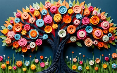 árbol de botones, 4k, arte 3d, botones multicolores, árbol creativo, árboles abstractos 3d, creativo, árbol hecho de botones, arte de la naturaleza, árboles, botones