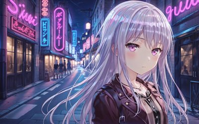 4k, Minato Yukina, close-up, street, BanG Dream, night, purple eyes, street neon signs, BanG Dream characters, manga, Minato Yukina BanG Dream
