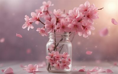flor de cerezo, ramas de cerezo en flor en un frasco, conceptos de primavera, flores de cerezo rosadas, se acerca la primavera, cereza