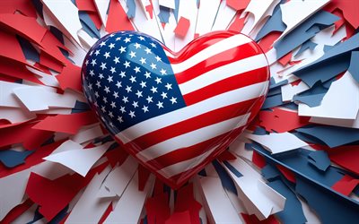 amo estados unidos, 4k, fondo azul rojo blanco 3d, dia de estados unidos, creativo, bandera de estados unidos, bokeh, corazón con bandera americana, bandera americana, eeuu, amor por estados unidos, amo américa