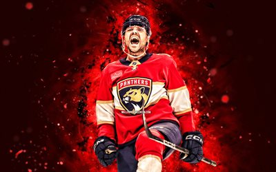 sam reinhart, 4k, luces de neón rojo, panteras de florida, nhl, jugadores de hockey estadounidenses, sam reinhart 4k, hockey, liga nacional de hockey, sam reinhart florida panthers