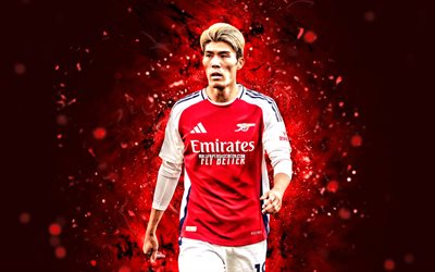 4k, Takehiro Tomiyasu, red abstract background, Arsenal FC, Premier League, Japanese footballers, Takehiro Tomiyasu 4K, red neon lights, football, soccer, Takehiro Tomiyasu Arsenal