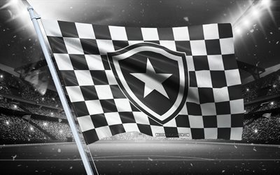 4k, logotipo botafogo, clube de futebol brasileiro, bandeira do estádio, fãs de botafogo bandeira, bandeira preta branca, emblema de botafogo, serie brasileira a, brasil, futebol, botafogo, botafogo de futobol e regatas