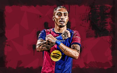 4k, 라핀 하, 자주색 그런지 배경, fc 바르셀로나, la liga, 브라질 축구 선수, raphinha 4k, 축구, 바르셀로나 fc, 랄리가, 바르셀로나, fcb, raphinha barcelona