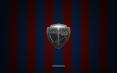 Sandefjord Fotball logo, Norwegian football team, Eliteserien, blue red carbon background, Sandefjord Fotball emblem, football, Sandefjord Fotball, Norway, Sandefjord FC