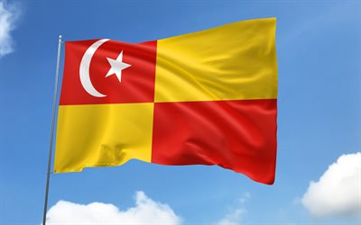 Selangor flag on flagpole, 4K, Malaysian states, blue sky, flag of Selangor, wavy satin flags, Selangor flag, states of Selangor, flagpole with flags, Day of Selangor, Malaysia, Selangor