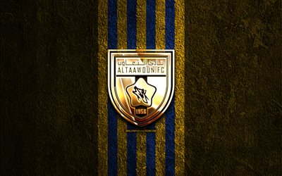 al taawoun fc golden logo, 4k, blauer steinhintergrund, saudische professionelle liga, saudischer fußballverein, al taawoun fc logo, fußball, al taawoun fc emblem, al taawoun fc, al taawoun
