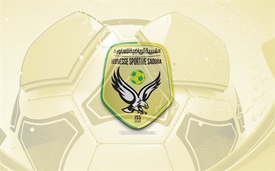 JS Saoura glossy logo, 4K, yellow football background, Algerian Ligue Professionnelle 1, soccer, JS Saoura, Algerian football club, JS Saoura emblem, JS Saoura logo, Saoura FC