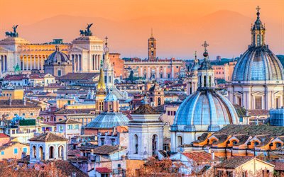 piazza venezia, 4k, paysages urbains, villes italiennes, rome, italie, susnet, europe, panorama de rome, paysages urbains de rome, remarques à rome