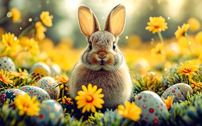 4k, conejito de pascua, felices pascuas, campo de flores, flores de primavera, huevos de pascua, pascua de resurrección, antecedentes con huevos de pascua, conejo