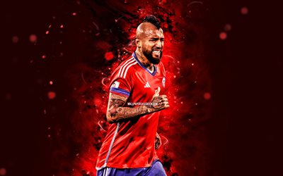 arturo vidal, 4k, luces de neón rojo, equipo de fútbol nacional de chile, conmobol, futbolistas chilenos, arturo vidal 4k, fútbol americano, fútbol, equipos nacionales, sudamerica, equipo de chile de arturo vidal