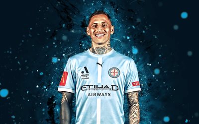 4k, German Ferreyra, blue abstract background, Melbourne City FC, A-League, Argentine footballers, German Ferreyra 4k, blue neon lights, football, soccer, German Ferreyra Melbourne City