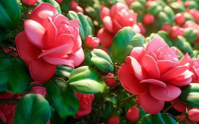 4k, rosa 3d  rosen, rosenbusch, kunstwerk, rosa 3d  blumen, kreativ, 3d  blumen, rosen, sommerblumen, rosa blumen, hintergrund mit blumen, rosa rosen