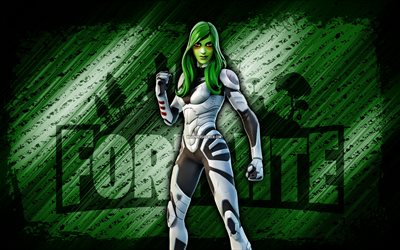 gamora fortnite, 4k, fondo diagonal verde, arte grune, fortnita, obra de arte, piel de gamora, personajes de fortnite, gamora, skin de fortnite gamora