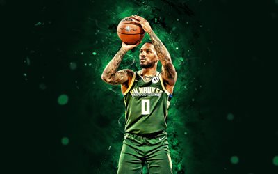 4k, damian lillard, vihreä abstrakti tausta, milwaukee bucks, nba, amerikkalaiset koripalloilijat, damian lillard 4k, vihreät neonvalot, koripallo, damian lillard milwaukee bucks