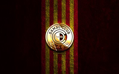 Damac FC golden logo, 4k, red stone background, Saudi Professional League, Saudi football club, Damac FC logo, football, Damac FC emblem, Damac FC, soccer, FC Damac