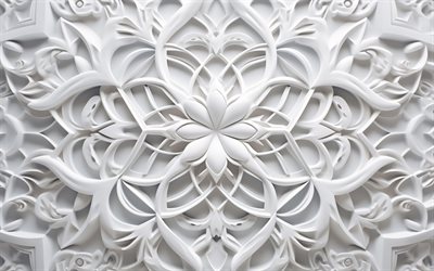 weißes 3d  ornament, blumen 3d  ornamente, 3d  kunst, muster, weiße 3d  blumen ornamente, weißes 3d  netz, 3d blumenschmuck