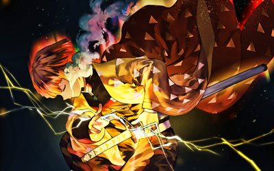 zenitsu agatsuma, 夜, kimetsu no yaiba, 漫画, 主人公, 照明, アートワーク, 鬼滅の刃, ゼニツ, zenitsu agatsuma kimetsu no yaiba