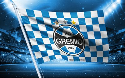 4k, gremio  logo, brasilianischer fußballverein, stadionflagge, gremio fans flagge, blaue weiße flagge, gremio emblem, brasilianische serie a, brasilien, fußball, gremio