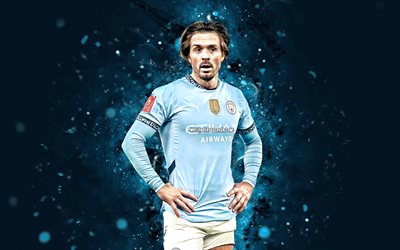 Jack Grealish, 4k, blue neon lights, Manchester City FC, Premier League, english footballers, Jack Grealish 4K, football, soccer, Manchester City, Man City, Jack Grealish Manchester City