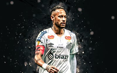 4k, neymar, sfondo astratto nero, santos fc, serie brasiliana a, calciatori brasiliani, luci al neon bianca, neymar 4k, calcio, neymar jr, sfc, neymar santos fc