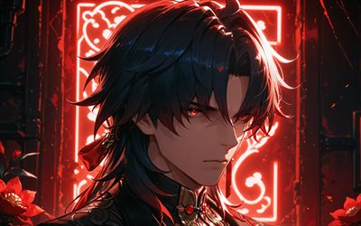 cuchilla, 4k, retrato, ojos rojos brillantes, carril estelar honkai, oscuridad, personajes de anime, manga, personajes de honkai star rail, cazadores estelares, espada honkai star rail