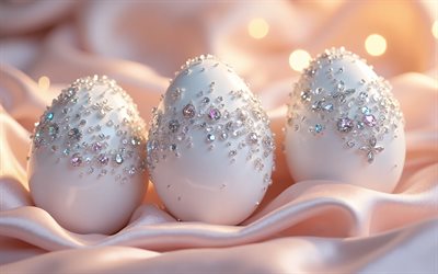 ovos de páscoa com strass, feliz páscoa, ovos de páscoa, decorações de páscoa, tecido de seda rosa, conceitos de páscoa, páscoa