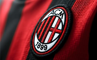 AC Milan metal logo, 4k, Italian football club, red background, AC Milan logo, AC Milan sign, AC Milan emblem, Serie A, Italy, football, AC Milan