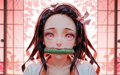 4k, nezuko kamado, kimono, resplandor rosa, asesino de demonios, protagonista, cazador de demonios kimetsu no yaiba, mordaza de bambú verde, manga, kamado nezuko, cazador de demonios, nezuko kamado kimetsu no yaiba