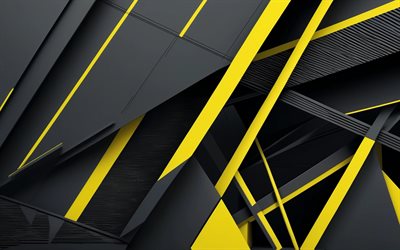 4k, fondo negro amarillo, diseño de materiales, texturas 3d, rayos amarillos, obra de arte, arte metálico, geometría, fondos abstractos, fondos geométricos, abstracciones, fondos abstractos negros