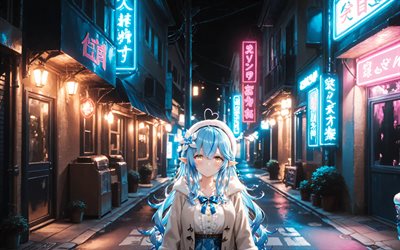 4k, yukihana lamy, calle, luces de neón de colores, youtuber virtual, noche, creativo, vtuber, chica con ojos amarillos, hololive, manga, canal yukihana lamy, youtuber virtual yukihana lamy