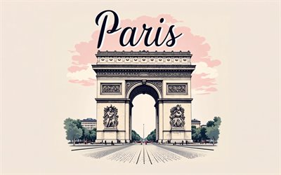 4k, arco de triunfo, parís, arte vectorial, punto de referencia de parís, francia, arte de la camiseta, arco de triunfo parís, arte del arco de triunfo, atracciones de parís, camiseta arco de triunfo
