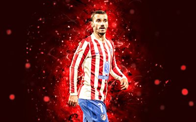 Antoine Griezmann, 4k, creative, Atletico Madrid FC, La Liga, red neon lights, french footballers, Antoine Griezmann 4K, red abstract background, football, soccer, LaLiga, Antoine Griezmann Atletico Madrid